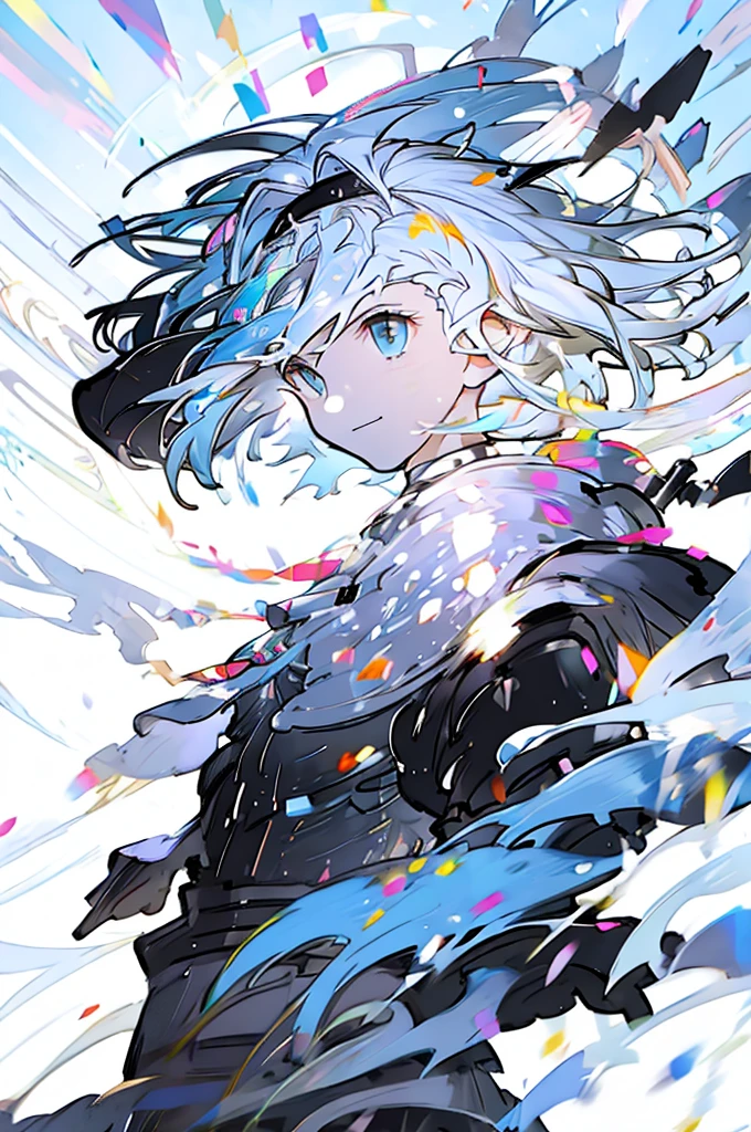 Djeeta 　Pure white background　Blue Hair　Black headband　Facing forward　looks strong　Black clothes　White hood　