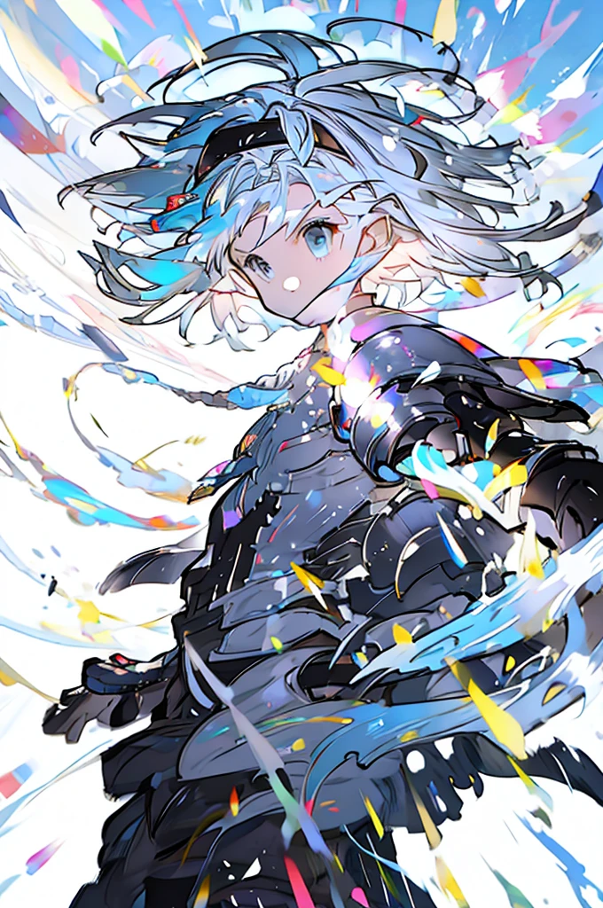 Djeeta 　Pure white background　Blue Hair　Black headband　Facing forward　looks strong　Black clothes　White hood　