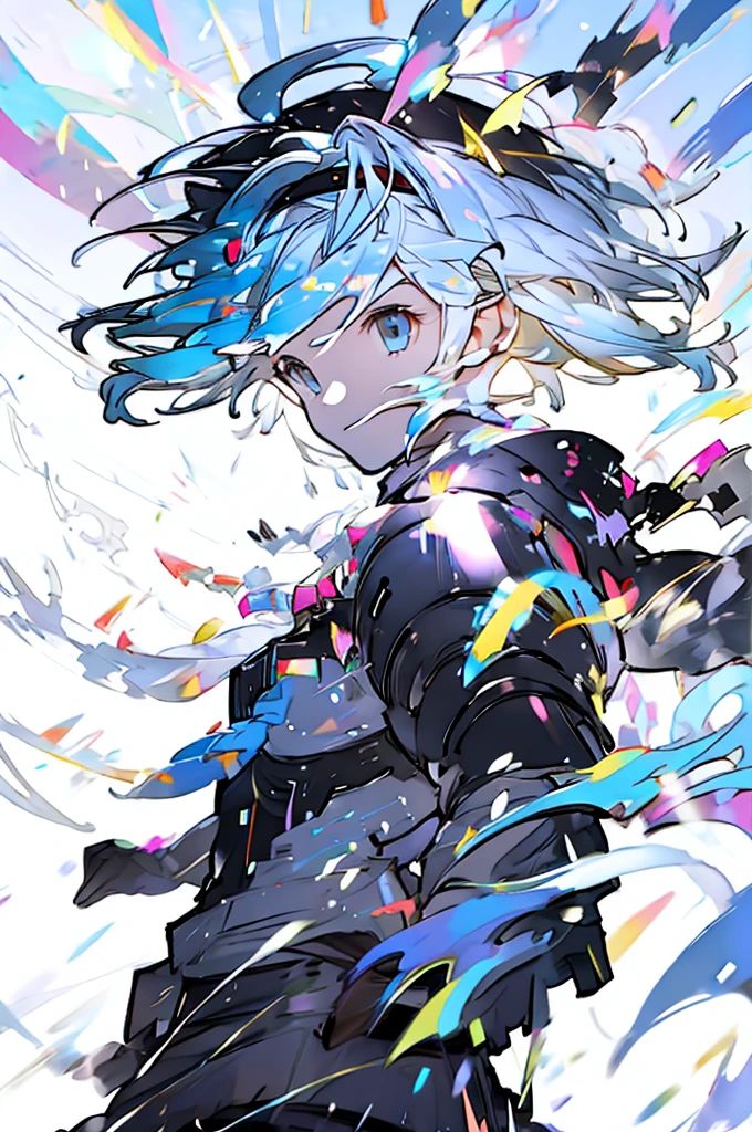 Djeeta 　Pure white background　Blue Hair　Black headband　Facing forward　looks strong　Black clothes　White hood　