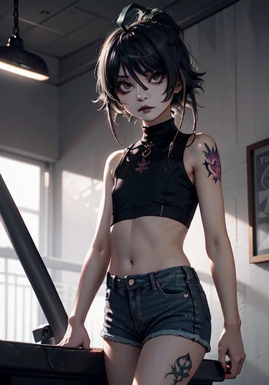 1girl, woman, Emo_Hairstyle, Black lipstick, Eyeliner, Eye shadows, Smoky eyes, Realistic lighting , Long skinny jeans shorts, sport shoes, Satanic tattoos, arrogant, simper