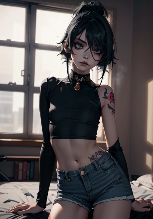 1girl, woman, Emo_Hairstyle, Black lipstick, Eyeliner, Eye shadows, Smoky eyes, Realistic lighting , Long skinny jeans shorts, sport shoes, Satanic tattoos, arrogant, simper