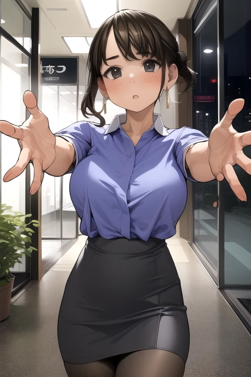 Very detailed, high quality:1.5, masterpiece, beautiful, Film Portraits,((douki-chan)),short ponytail,office lady,blue shirt,high-waist skirt,pencil skirt,pantyhose,jewelry,earrings,Tilt your head,The hug is coming, incoming hug, Spread your hands,Empty station platform,night,Flushing of cheeks,Lovely,Station lighting,