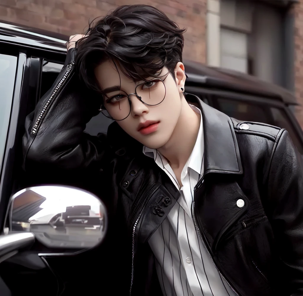 there's a man leaning on a car with his hand on the head, wearing a black leather jacket and stripped white button shirt, wearing eyeglasses, sharp and striking eyes, handsome features, park jimin, bts jimin, kpop male face, androgynous male