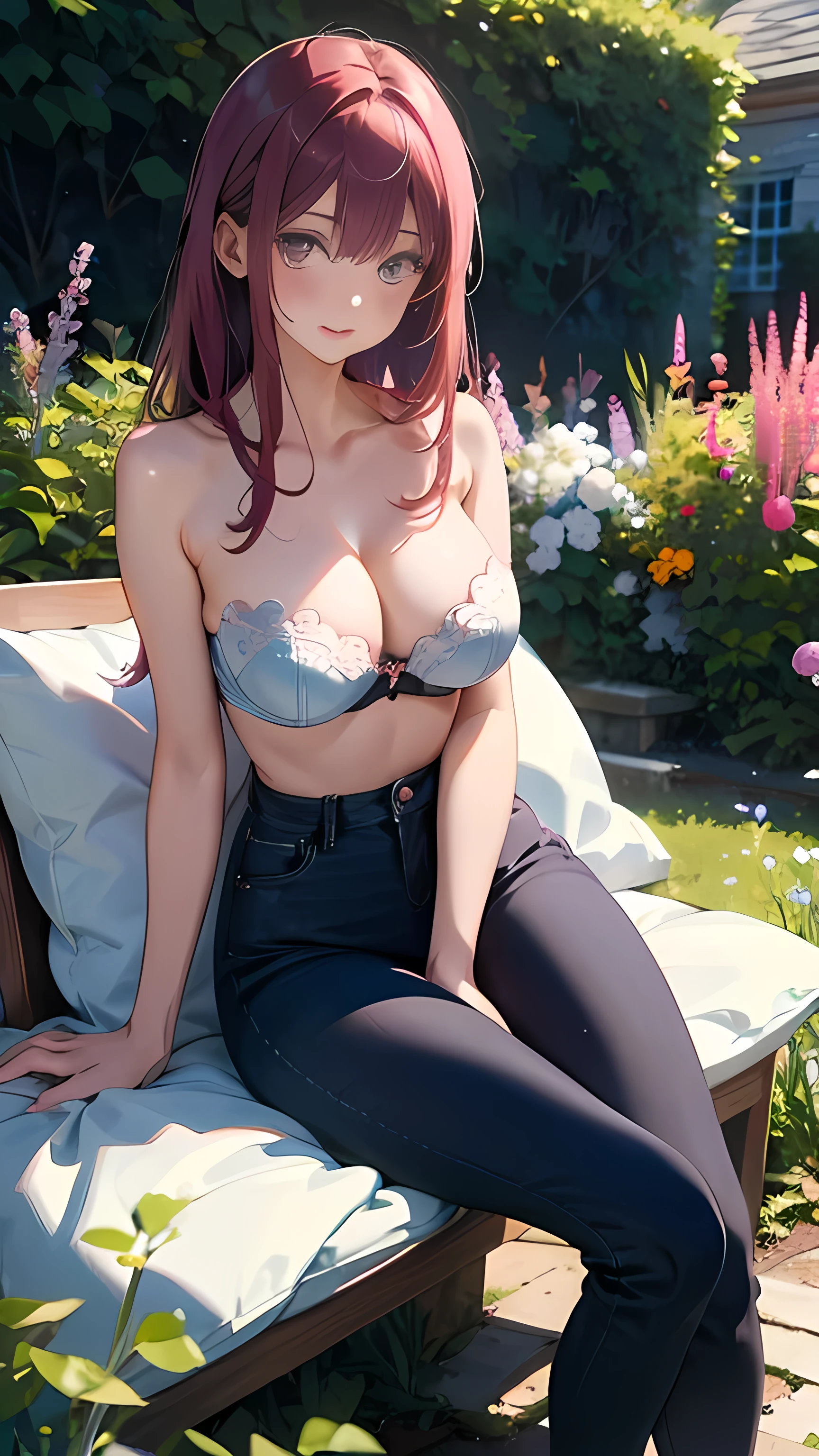 illustration:Ultra-delicate,White skin,Large breasts:15,Denim black pants1:5,Black underwear 1:5,Strapless bra1:5,Long pink hair,The background is the garden,There are chairs in the garden,sit on the chair,Cover your legs with a blanket,The fluffy quilt is still on my legs