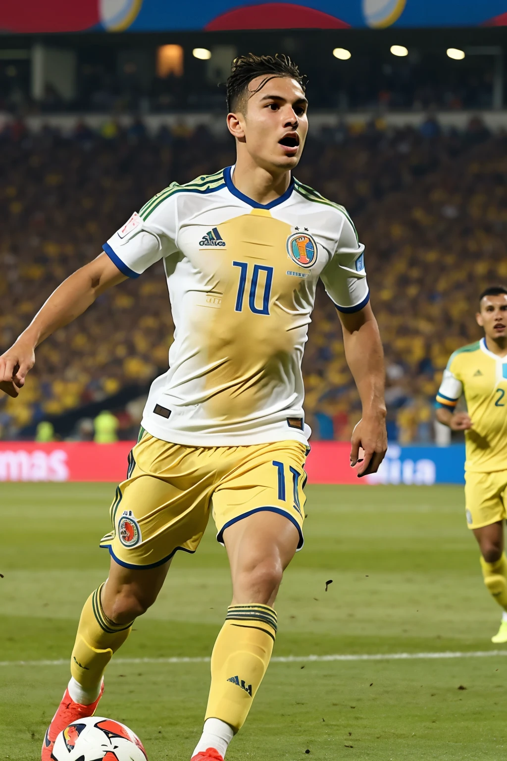 Create an image of a soccer match based on the Ameria Cup where you can see a player with the Colombian team celebrating a goal and the Costatica player in the background running for the ball, that the background of this is in a stadium full of people with the Colombia shirt, and on the shirt of the Colombian national team player that has a logo from a sponsor called &#39;Magica Escultura&#39;