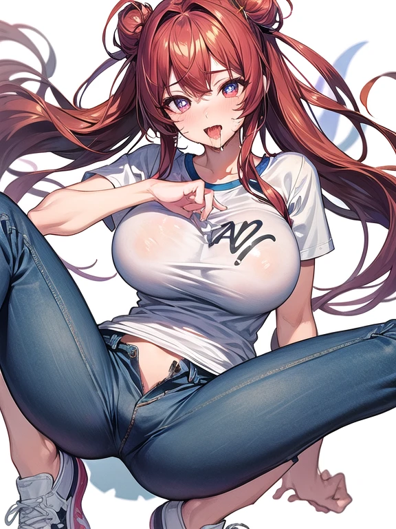 saliva、Heart-shaped pupils, (masterpiece, Highest quality), One Girl, Big Breasts、cute,Plain T-shirt、Short Jeans Pants