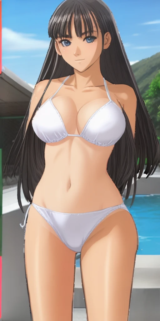 Mizushima Asa, a girl with big breasts and beautiful legs, stands with her legs spread apart in a white bikini.。