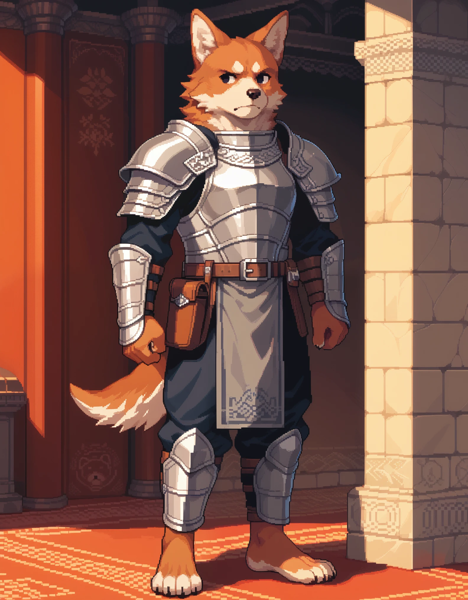 Pixel_Art,
solo, 1boy, cowboy shot, black eyes, closed mouth, animal ears, grey armor, standing, male focus, barefoot, gauntlets, faulds, dog, furry, arms at sides, furry male, vambraces, dog ears, body fur, looking away, indoors