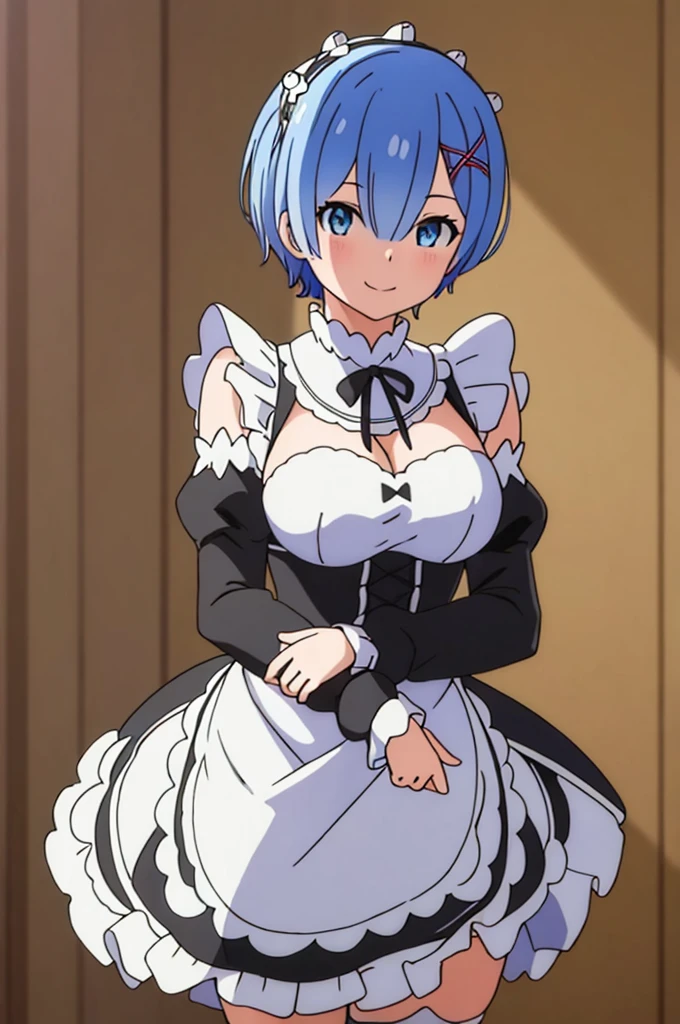(masterpiece:1.3), (best quality:1.2), (8k, ultra detailed, ultra high res:1.1), (anime style), perfect 5 fingers, perfect anatomy,
1girl,
short hair,
blue hair,
blue eyes,
maid headdress, ribbon, x hair ornament,
large breasts,
BREAK maid uniform, black unuform, detached sleeves, white tights,
smile,
looking at viewer,
cowboy shot,
BREAK outdoor, forest,