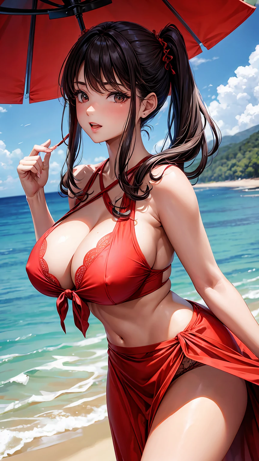 a busty heightened girl in her 20s wearing a red sarong and laced blouse