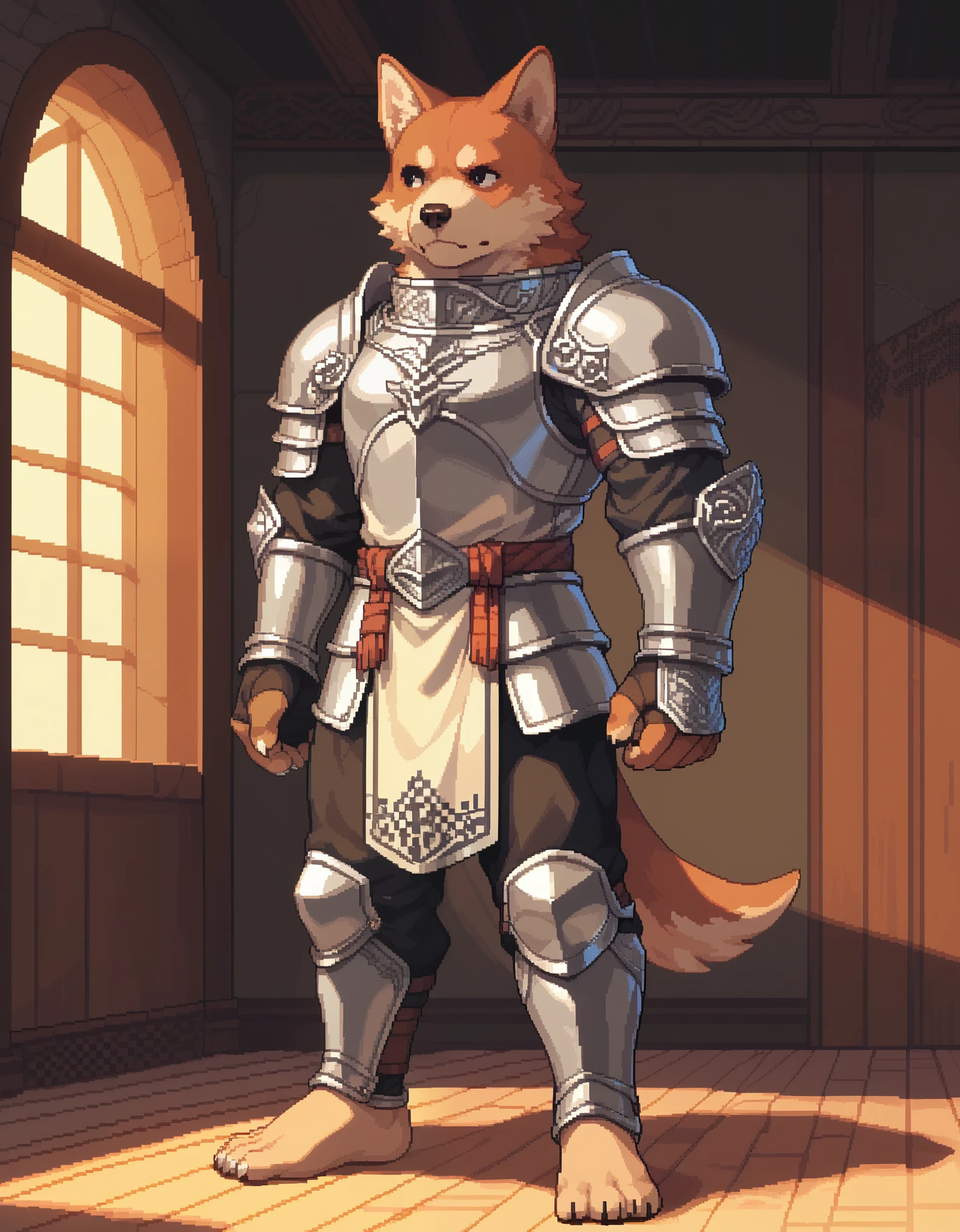 Pixel_Art, solo, 1boy, cowboy shot, black eyes, closed mouth, animal ears, grey armor, standing, male focus, barefoot, gauntlets, faulds, dog, furry, arms at sides, furry male, vambraces, dog ears, body fur, looking away, indoors