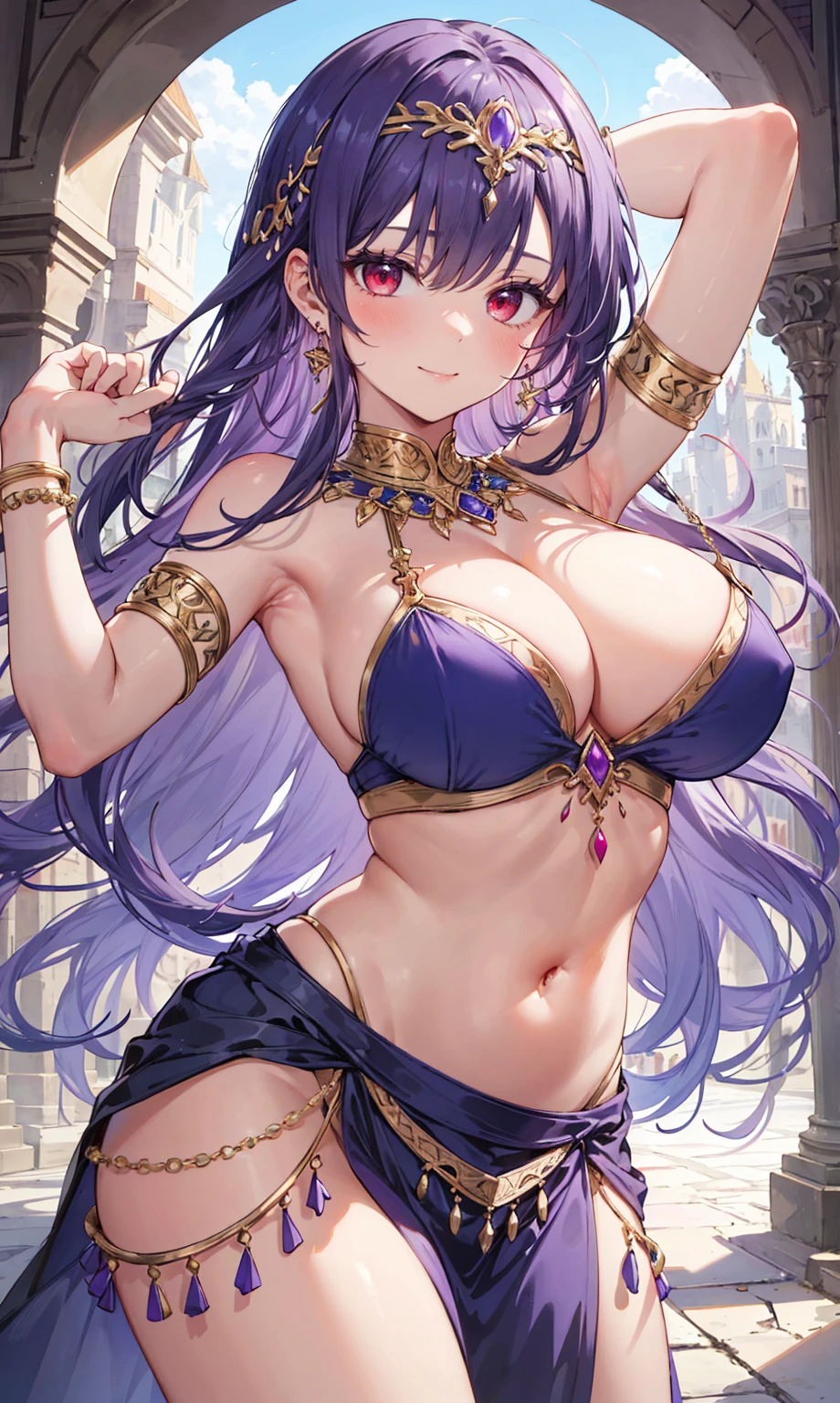 high quality, ultra detailed, best quality, insanely detailed, beautiful, masterpiece, 1girl, medieval plaza, cowboy shot, red eyes, long hair, purple hair, belly dancer, circlet, earrings, armlets, bracelets, bashful smile, large breasts, cleavage, soft stomach