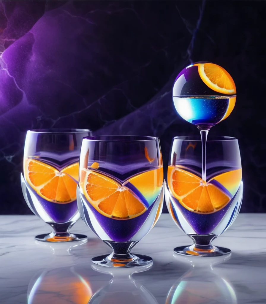 surreal glass shape, liquid glass, chromatic aberration, broken prism, refraction, light caustics, detailed illustration , oranges on a white marble table, deep purple velvet drapes, 8k, photography style,2 glasses with orange bioluminescent fluid in them, on a white marble table, bioluminescent, colorfull, glow, 
