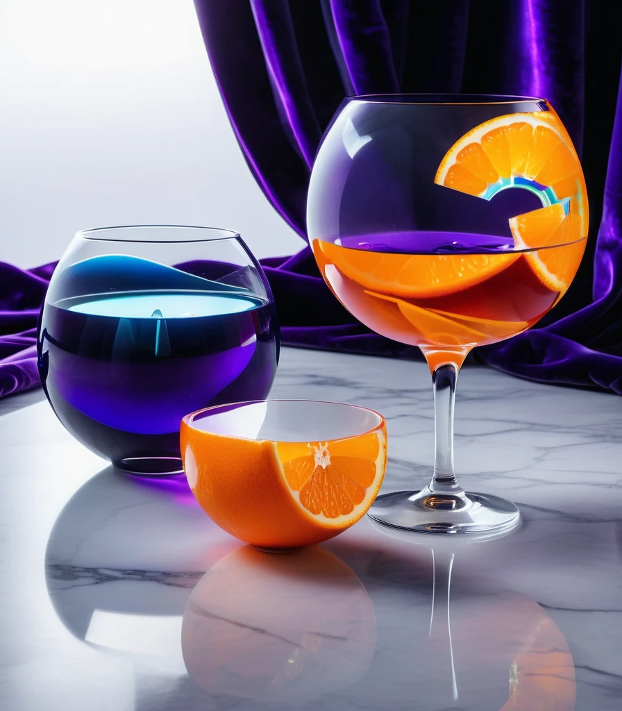 surreal glass shape, liquid glass, chromatic aberration, broken prism, refraction, light caustics, detailed illustration , oranges on a white marble table, deep purple velvet drapes, 8k, photography style,2 glasses with orange bioluminescent fluid in them, on a white marble table, bioluminescent, colorfull, glow, 