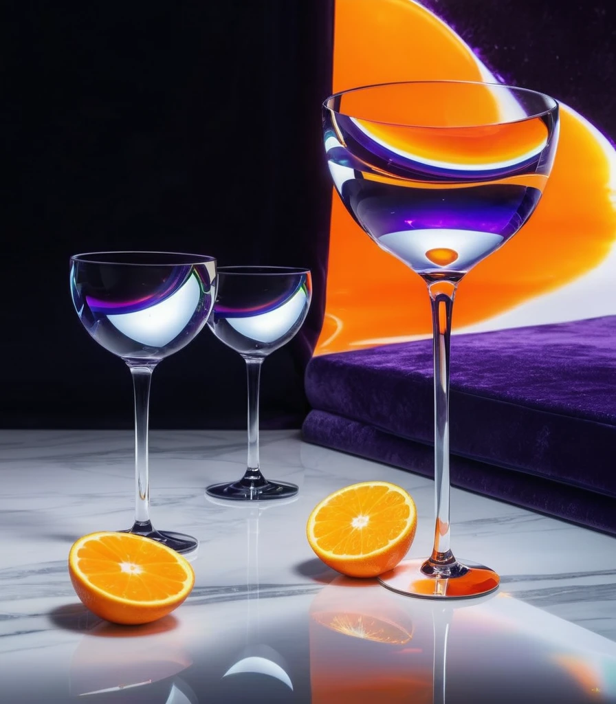 surreal glass shape, liquid glass, chromatic aberration, broken prism, refraction, light caustics, detailed illustration , oranges on a white marble table, deep purple velvet drapes, 8k, photography style,2 glasses with orange bioluminescent fluid in them, on a white marble table, bioluminescent, colorfull, glow, 