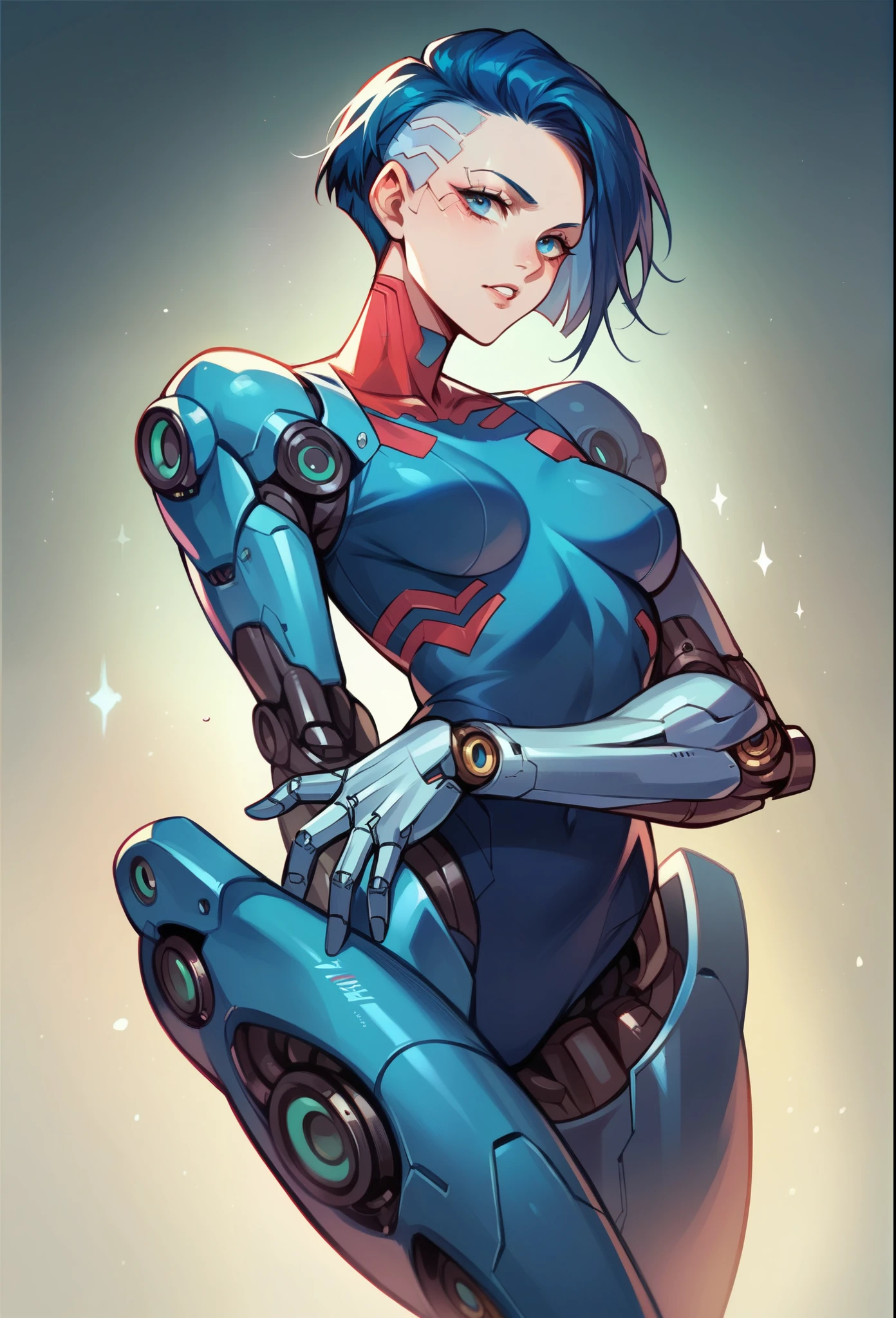 a beautiful cyberpunk cyborg woman, blue eyes, short hair, human body, mechanical legs, mechanical arms, in a furistic city, 8k ultra detailed and realistic