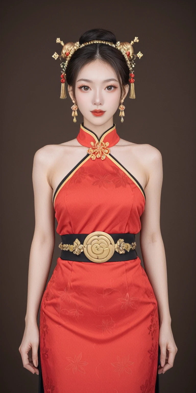 realistic,score_9, score_8_up, score_7_up, BREAK,
 
The image depicts a woman in traditional Chinese attire, with her hair styled in a classic bun and adorned with golden hair accessories and earrings. She wears a red dress adorned with golden patterns, complemented by a yellow belt around her waist. Her eyes are fixed on the camera, and her hands are placed on her chest. The background is a neutral brown, emphasizing the woman's vibrant attire and poised demeanor. This scene suggests a festive or ceremonial occasion, with the red color symbolizing joy and prosperity in Chinese culture. The golden patterns on her dress could represent specific symbols or motifs related to her status or the event's theme. The yellow belt adds a touch of elegance and serves as a striking contrast to the red and gold. Her confident gaze towards the camera conveys a sense of pride and a message she wishes to convey. The brown background serves to highlight the woman's figure and the rich details of her traditional costume.
