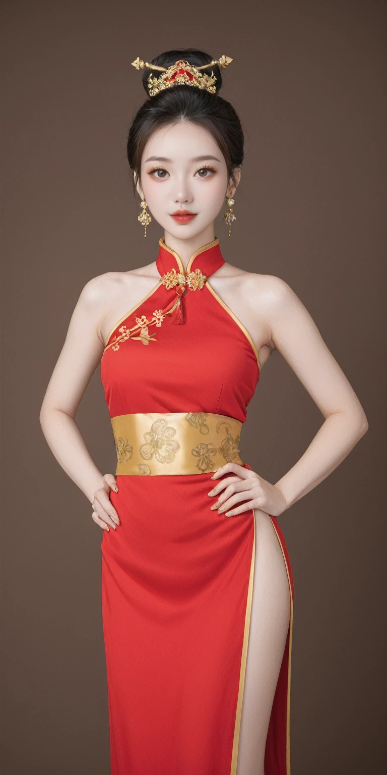 realistic,score_9, score_8_up, score_7_up, BREAK,
The image depicts a woman in traditional Chinese attire, with her hair styled in a classic bun and adorned with golden hair accessories and earrings. She wears a red dress adorned with golden patterns, complemented by a yellow belt around her waist. Her eyes are fixed on the camera, and her hands are placed on her chest. The background is a neutral brown, emphasizing the woman's vibrant attire and poised demeanor. This scene suggests a festive or ceremonial occasion, with the red color symbolizing joy and prosperity in Chinese culture. The golden patterns on her dress could represent specific symbols or motifs related to her status or the event's theme. The yellow belt adds a touch of elegance and serves as a striking contrast to the red and gold. Her confident gaze towards the camera conveys a sense of pride and a message she wishes to convey. The brown background serves to highlight the woman's figure and the rich details of her traditional costume.