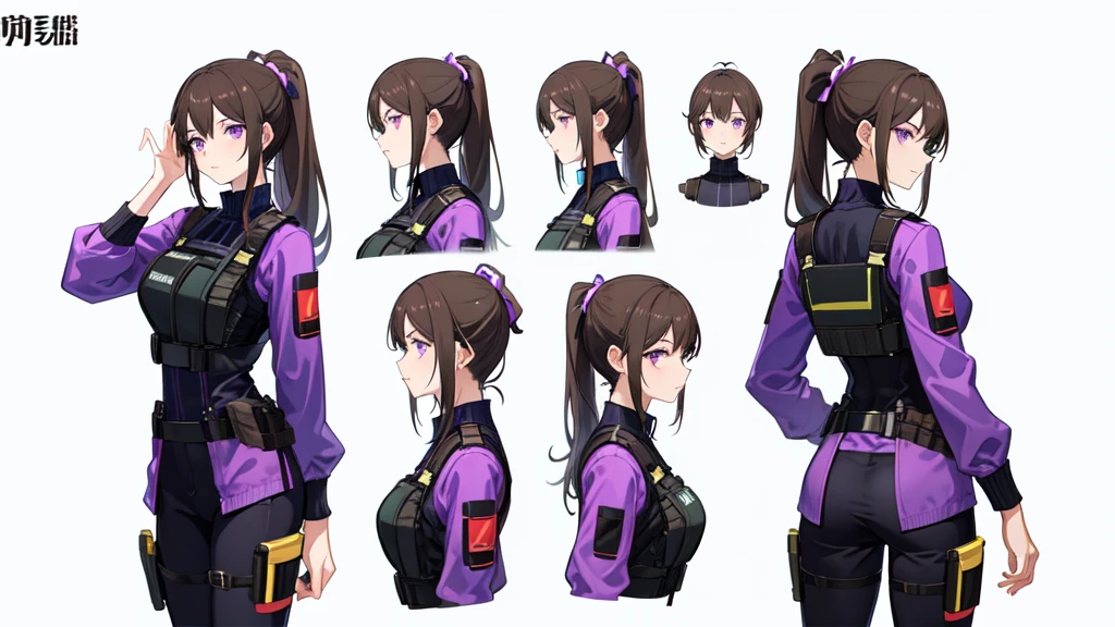 One Mature woman,human, Dark hair with purple strands, Ponytail, purple eyes, black outfit,wearing bulletproof vest,A pose, beautiful, masterpiece, best quality, perfect lighting, extremely detailed CG unity 8k wallpaper, reference sheet, model sheet, simple white background, (multiple views, [from behind|from side|from front|close-up|portrait|Looking straight ahead]:1),