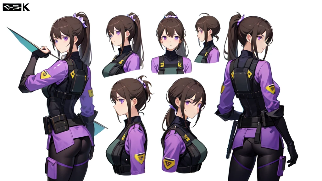 One Mature woman,human, Dark hair with purple strands, Ponytail, purple eyes, black outfit,wearing bulletproof vest,A pose, beautiful, masterpiece, best quality, perfect lighting, extremely detailed CG unity 8k wallpaper, reference sheet, model sheet, simple white background, (multiple views, [from behind|from side|from front|close-up|portrait|Looking straight ahead]:1),
