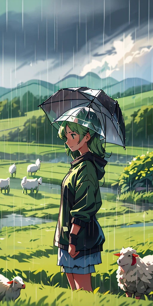 Girl and Farm Animals:
The girl is interacting with farm animals in the rain, perhaps feeding chickens or petting a sheep.
She’s clearly enjoying the moment, with the rain adding to the lively farm atmosphere.
The background features barns, animal pens, and green fields stretching into the distance.