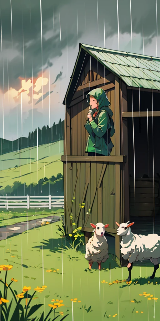 Girl and Farm Animals:
The girl is interacting with farm animals in the rain, perhaps feeding chickens or petting a sheep.
She’s clearly enjoying the moment, with the rain adding to the lively farm atmosphere.
The background features barns, animal pens, and green fields stretching into the distance.