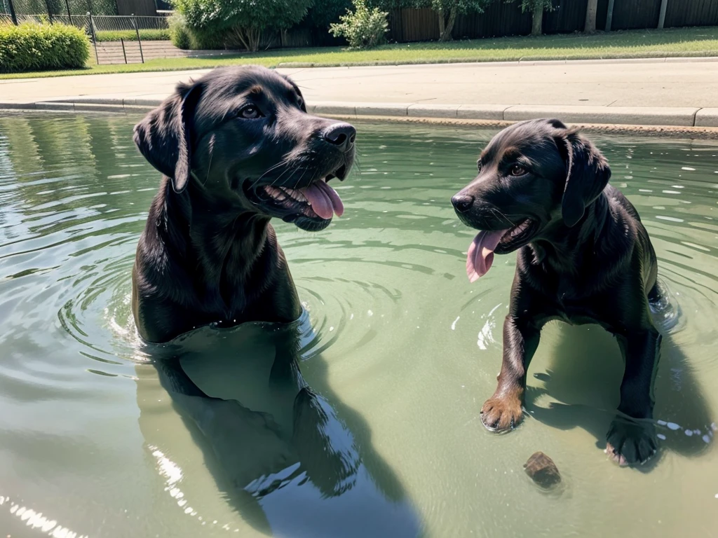 Labrador Retriever playing in the water with children