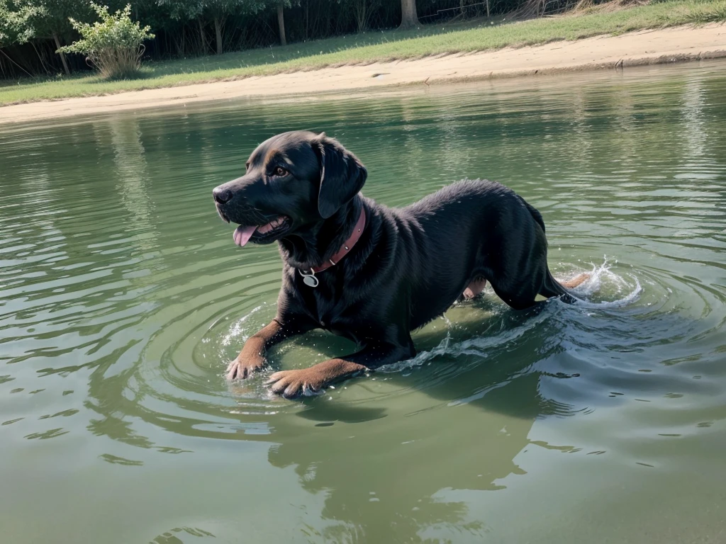Labrador Retriever playing in the water with children