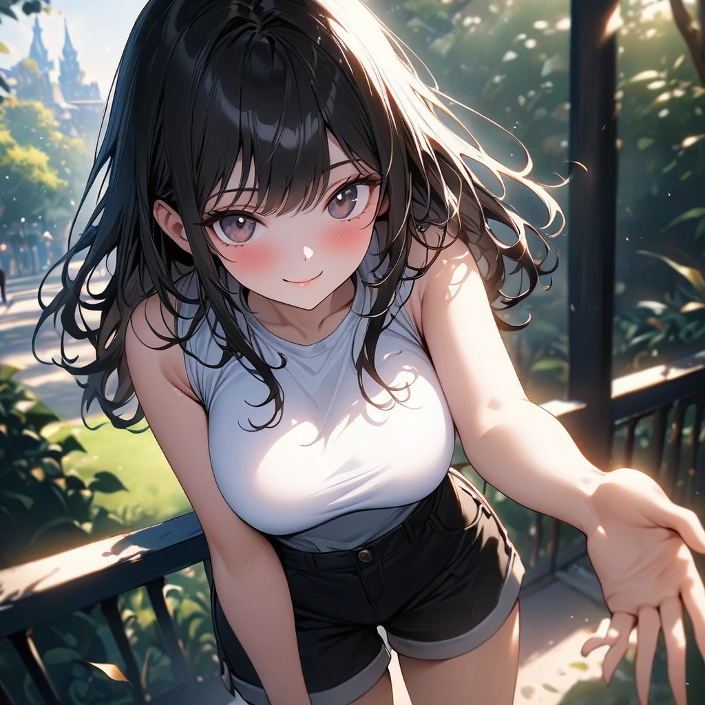 (masterpiece:1.3), (8K、Highest quality:1.4), (Best image quality, Intricate details, High resolution, Depth Field, Natural light, Professional Lighting), (1 Girl), (alone), (Asian Girl, Very beautiful 18 year old manga girl),Big Breasts、No sleeve、Shorts、Park Background、Beckoning with a smile、Perfect hands