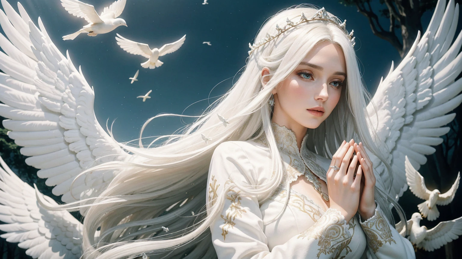 a 29 years old beautiful woman with long white hair, european face , big , white angelic wings, praying, surrounded by white doves, serene and peaceful expression, ethereal and heavenly, 4k, high quality, intricate details, photorealistic, dramatic lighting, vibrant colors, beautifull scenerie, beautifull light
