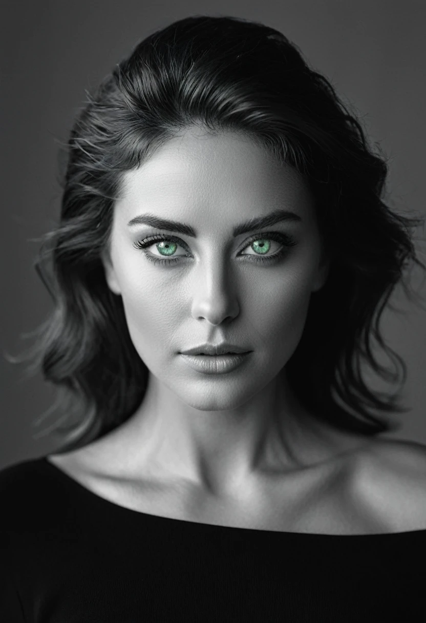 black and white, a woman with green eyes, flawless skin, half body shot, whimsical photography style, captured with an Arriflex 35BL camera using Canon K25 prime lenses, cinematic, dramatic lighting, ultra clear, breathtaking surreal masterpiece.