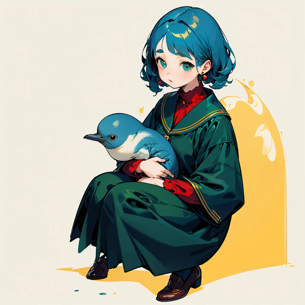 1girl playing with 1baby blue penguin, gold penguin eyes color, full body version, Grassroots background, (blue hair, wavy bob hairstyle, green eyes, red cheeks, red earrings), flat facial expression, vintage clothing style, red color clothes