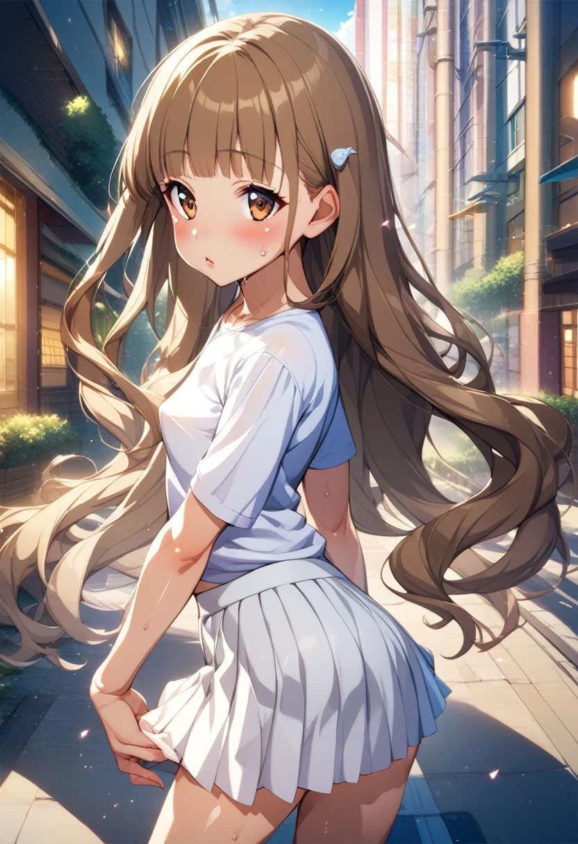 ((masterpiece,Highest quality;1.3,best illustration)),cowboy shot,1woman、25 year old beauty、独奏,((very small head:1.5)),brown hair,long hair,straight hair,bangs,brown eyes,gorgeous eyes,blush,small breasts,((very long body:1.3)),((toned body,slender body,skinny)),gleaming skin,shiny skin,oily skin,sweat,(White tight T-shirt、Tight mini skirt)、on street,Tokyo,