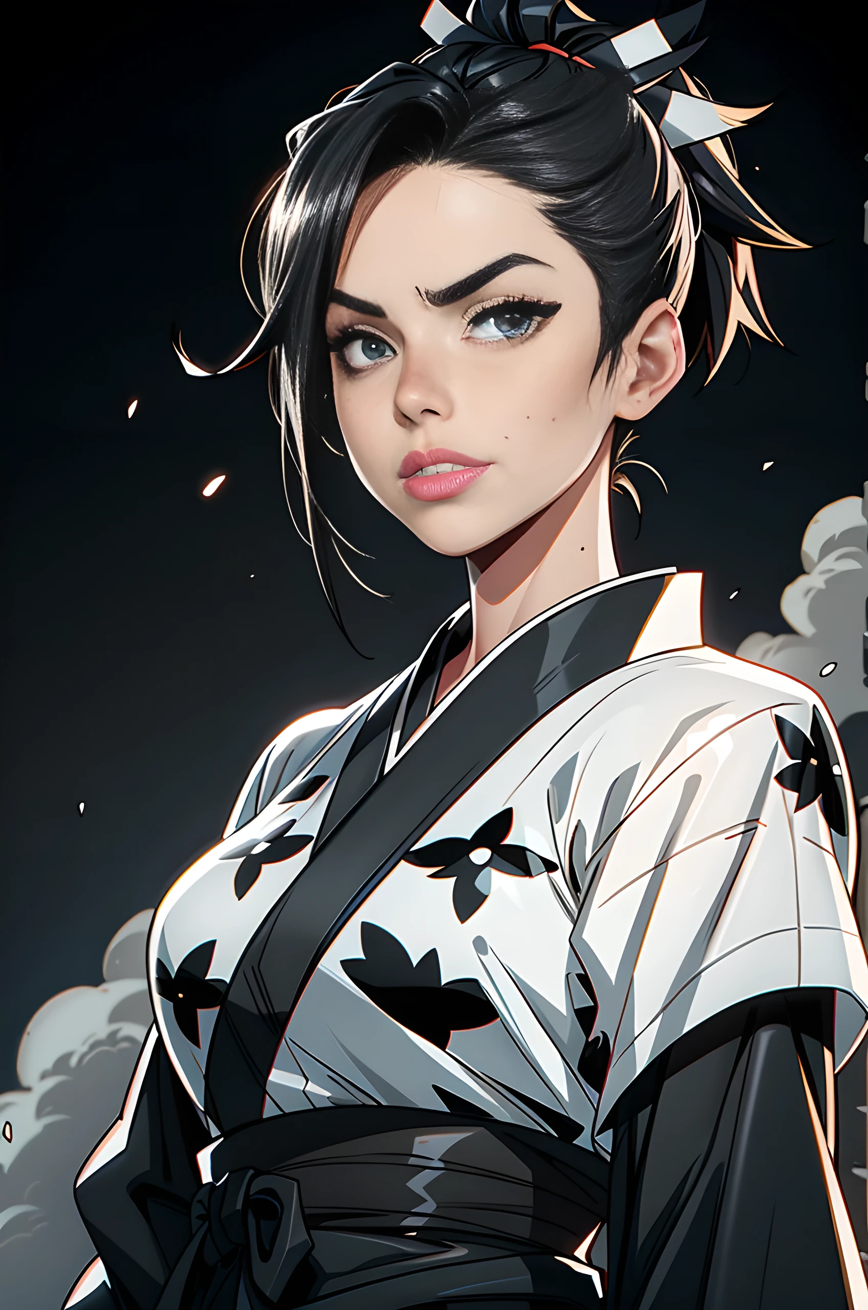 4k, black and white, heavy ink outline, detailed paint stroke, cartoony, jojo style, small breasts, spotlight, big lips, full lips, freckles, smirk, blindfold, high contrast, looking down on viewer, serious face, samurai warrior, kimono, clouds, watcher over, close-up face, power stance, bow, soaked, dynamic lighting, two tone lighting