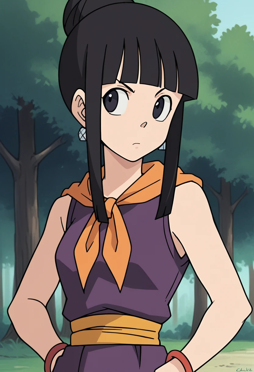 source_anime, score_9, score_8_up, score_7_up,8k, absurd res, chi-chi, 1girl, solo, looking at viewer, bangs, tree, black hair, outdoors, looking to the side, standing, upper body, sidelocks, earrings, blunt bangs, hair bun, black eyes, red bracelet, single hair bun, purple dress, orange neckerchief, , orange sash, sleeveless, hands on hip, dcaustyle