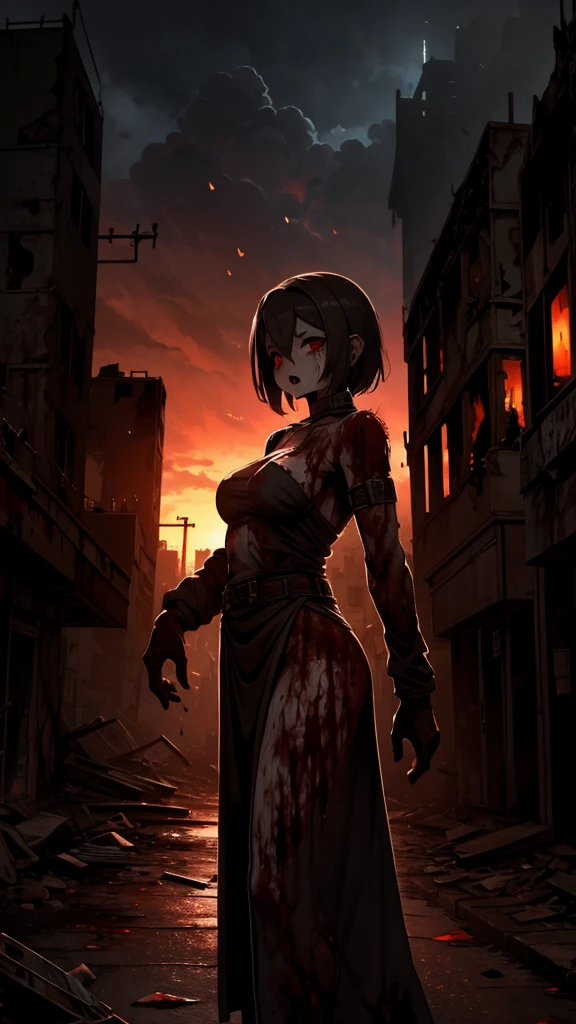 Zombie World，Wasteland style，Doomsday style，Blood，Blood，沾满Blood的衣服，Zombie girl，Zombie girl，fester，rot，Ruins Background，Ruins Background，City background，Zombie background，Horror backgrounds，Zombie girl on the city street