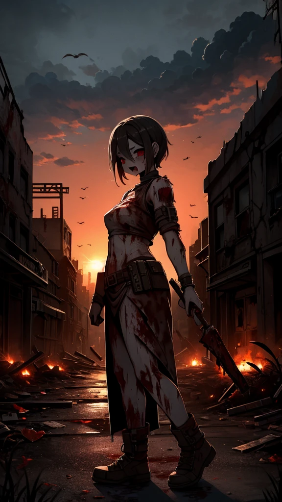 Zombie World，Wasteland style，Doomsday style，Blood，Blood，沾满Blood的衣服，Zombie girl，Zombie girl，fester，rot，Ruins Background，Ruins Background，City background，Zombie background，Horror backgrounds，Zombie girl on the city street