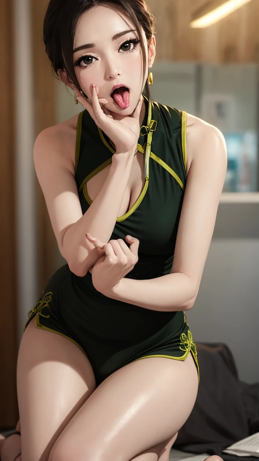 8K quality、High resolution、Realistic skin texture、High resolutionの瞳、Detailed face、Blowjobする女、Brown long hair、、A simple green Chinese dress made from light fabric.、Dignified face、thin、Model Body Type、Realistic female genitalia、Deep and realistic penis swallowing、Blowjob、deep throat、Semen-covered body、put penis in mouth all the way to the base、Shooting from the side、Swallowing a lot of semen