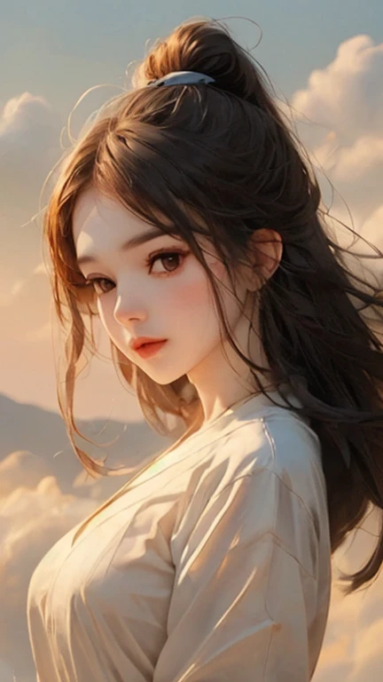 (best quality, masterpiece),(1 Girl, Cute and cool，Fairy, White, Cold expression face, black eyes, Looking ahead ,Black Hair, Stand in mid-air, whole body), ( Bloody Sky, Behind is the battlefield that ends,  Mountain Background, Blowing, Meteor Cloud)