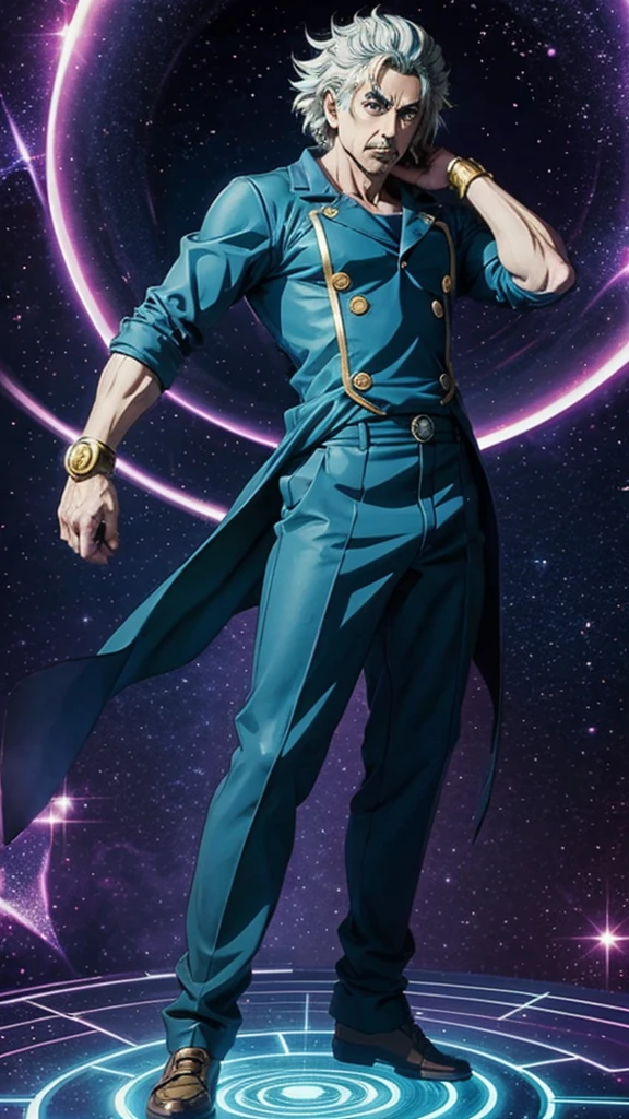 Manga Jojo style、Manga style illustration、Albert Einstein、Activate the Stand ability、Famous poses、Full Body、