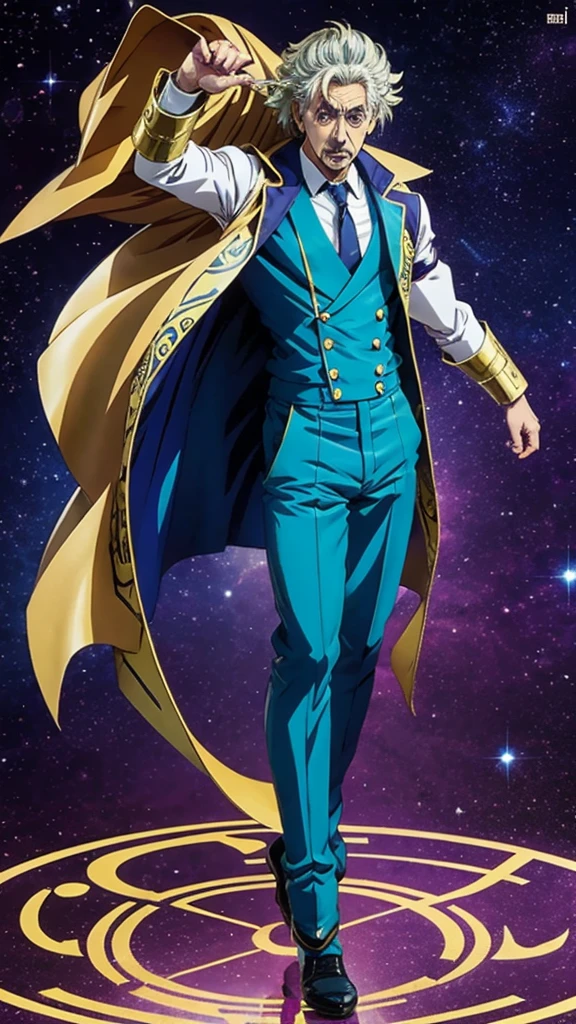 Manga Jojo style、Manga style illustration、Albert Einstein、Activate the Stand ability、Famous poses、Full Body、