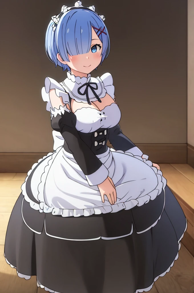 (masterpiece:1.3), (best quality:1.2), (8k, ultra detailed, ultra high res:1.1), (anime style), perfect 5 fingers, perfect anatomy, 
1girl,
short hair, 
blue hair, 
blue eyes,  
maid headdress, ribbon, x hair ornament, 
large breasts, 
BREAK maid uniform, black unuform, detached sleeves, white tights, 
smile, 
looking at viewer, 
cowboy shot, 
BREAK outdoor, forest, 