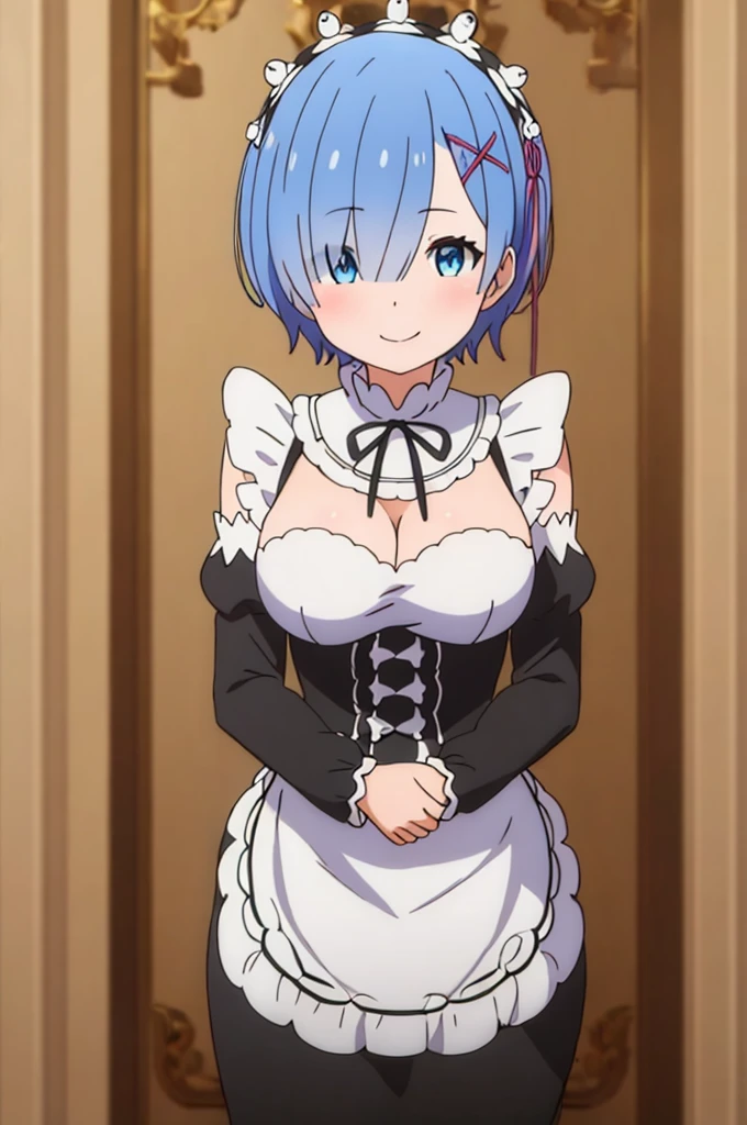 (masterpiece:1.3), (best quality:1.2), (8k, ultra detailed, ultra high res:1.1), (anime style), perfect 5 fingers, perfect anatomy, 
1girl,
short hair, 
blue hair, 
blue eyes,  
maid headdress, ribbon, x hair ornament, 
large breasts, 
BREAK maid uniform, black unuform, detached sleeves, white tights, 
smile, 
looking at viewer, 
cowboy shot, 
BREAK outdoor, forest, 