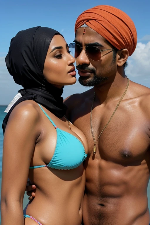 create a hijabi muslim women in bikini kissing a hindu man
