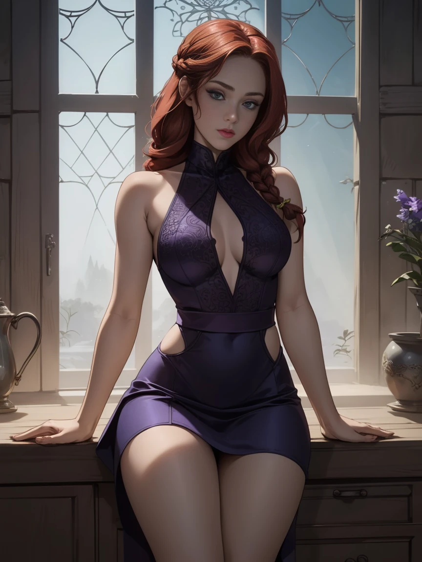 masterpiece, best quality, best illustration, HDR, beautiful details, intricate details, detailed scenery, dramatic light, best shadow, (medium body shot),  (1girl), anna of arendelle, red hair, blue eyes, braid, sitted, thighs, ((intricate dress)), (detailed beautiful eyes)s, lim body