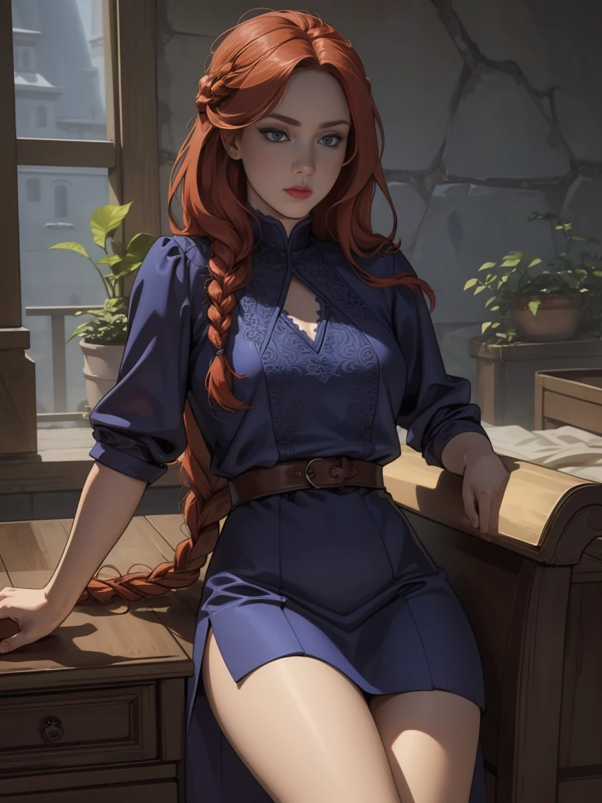 masterpiece, best quality, best illustration, HDR, beautiful details, intricate details, detailed scenery, dramatic light, best shadow, (medium body shot),  (1girl), anna of arendelle, red hair, blue eyes, braid, sitted, thighs, ((intricate dress)), (detailed beautiful eyes)s, lim body