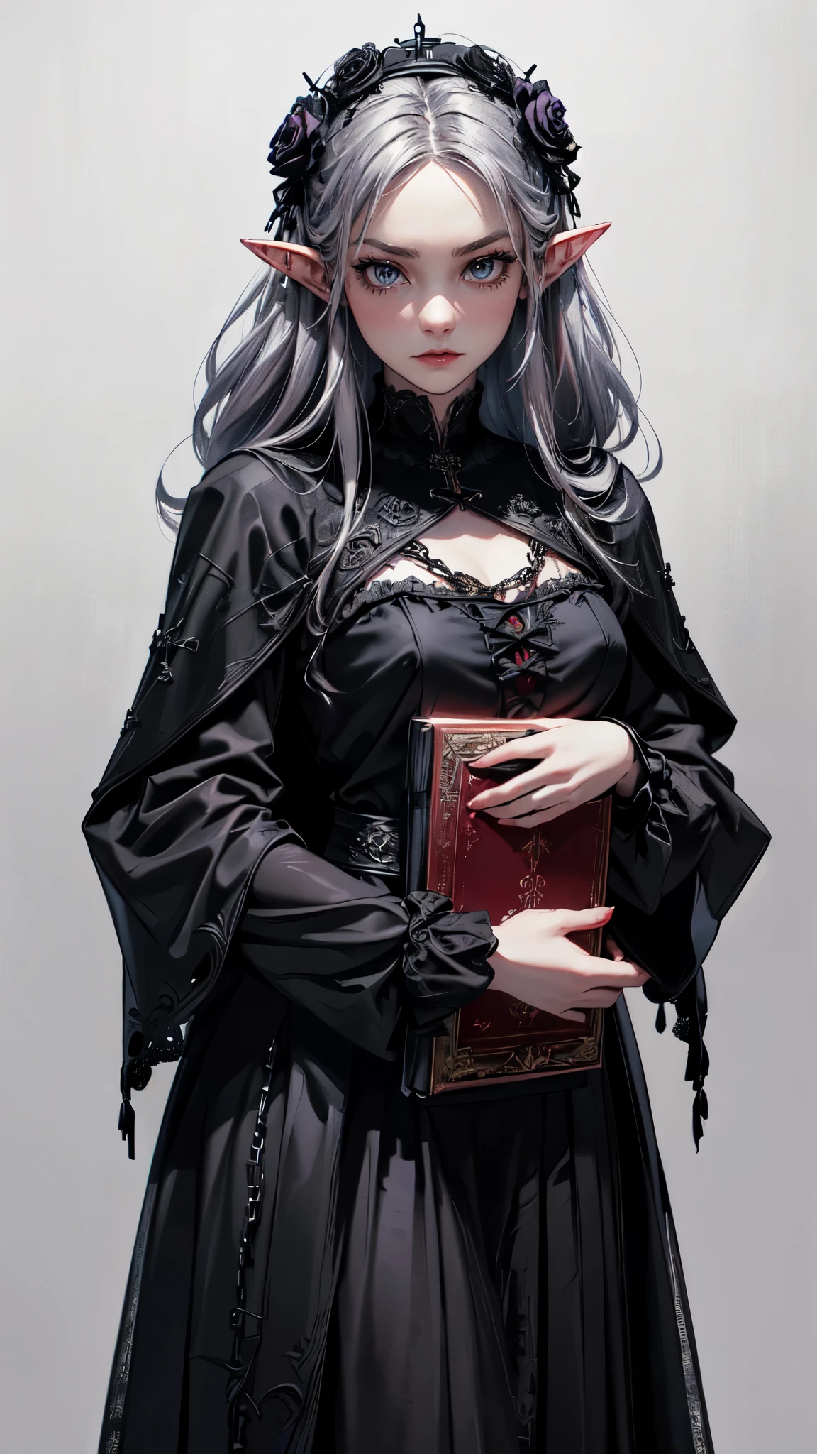 （Gothic character design sheet:1.5），(Scary dolls，Red or dark purple lace、Embroidery and other decorations。She wore a long black coat and a tight skirt，Show elegant and mysterious temperament。Wearing a silver cross、chain etc...，old magic book，Romantic roses，（ordered rows:1.2，interval:1.2，No overlap:1.2），((clear lines，clean background，White background, ultra high definition, masterpiece, precise, anatomically correct, textured skin, super detailed, high detail, best quality, 8K)),detailed face, detailed eyes, detailed hands,elf girl
