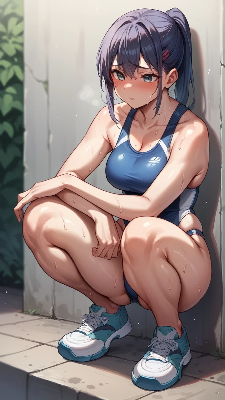 1 Girl, Solitary, full,Squat,sweet,Swimsuit,Sweat,hot,blush