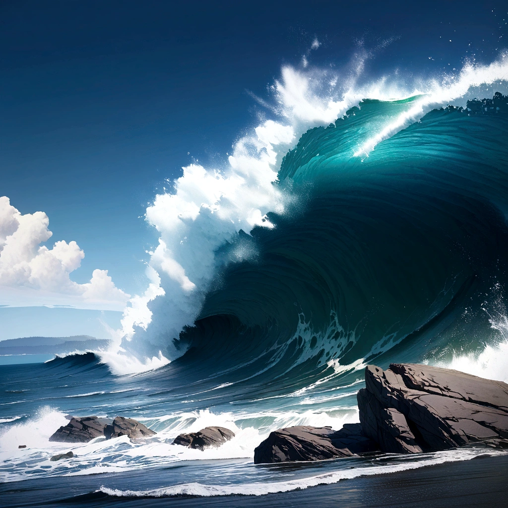 Ocean blue, Long Shot, Rendering with Unreal Engine 5, Practical, detailed, Ultra-high quality, Dark sky, No humans, No living things, There is no Earth, There are no rocks, Pacific Ocean,Big Wave