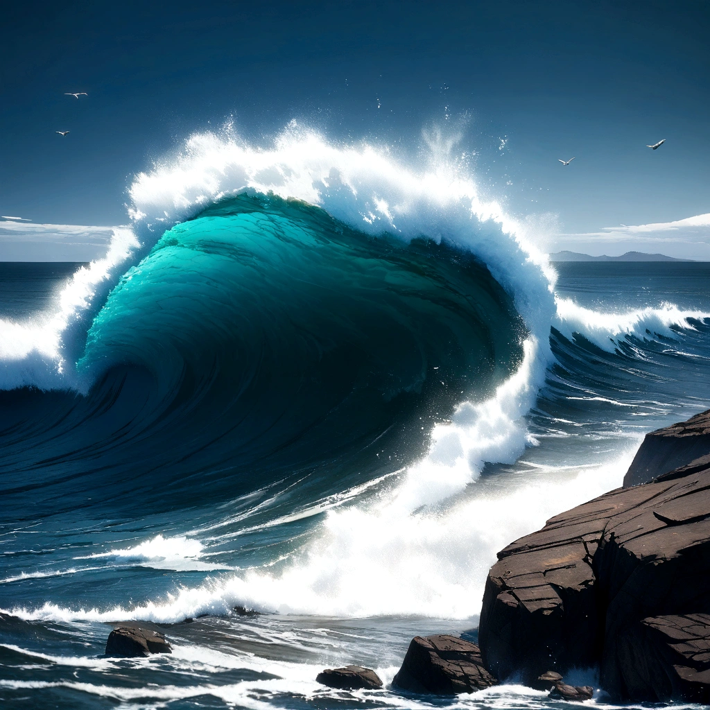 Ocean blue, Long Shot, Rendering with Unreal Engine 5, Practical, detailed, Ultra-high quality, Dark sky, No humans, No living things, There is no Earth, There are no rocks, Pacific Ocean,Big Wave